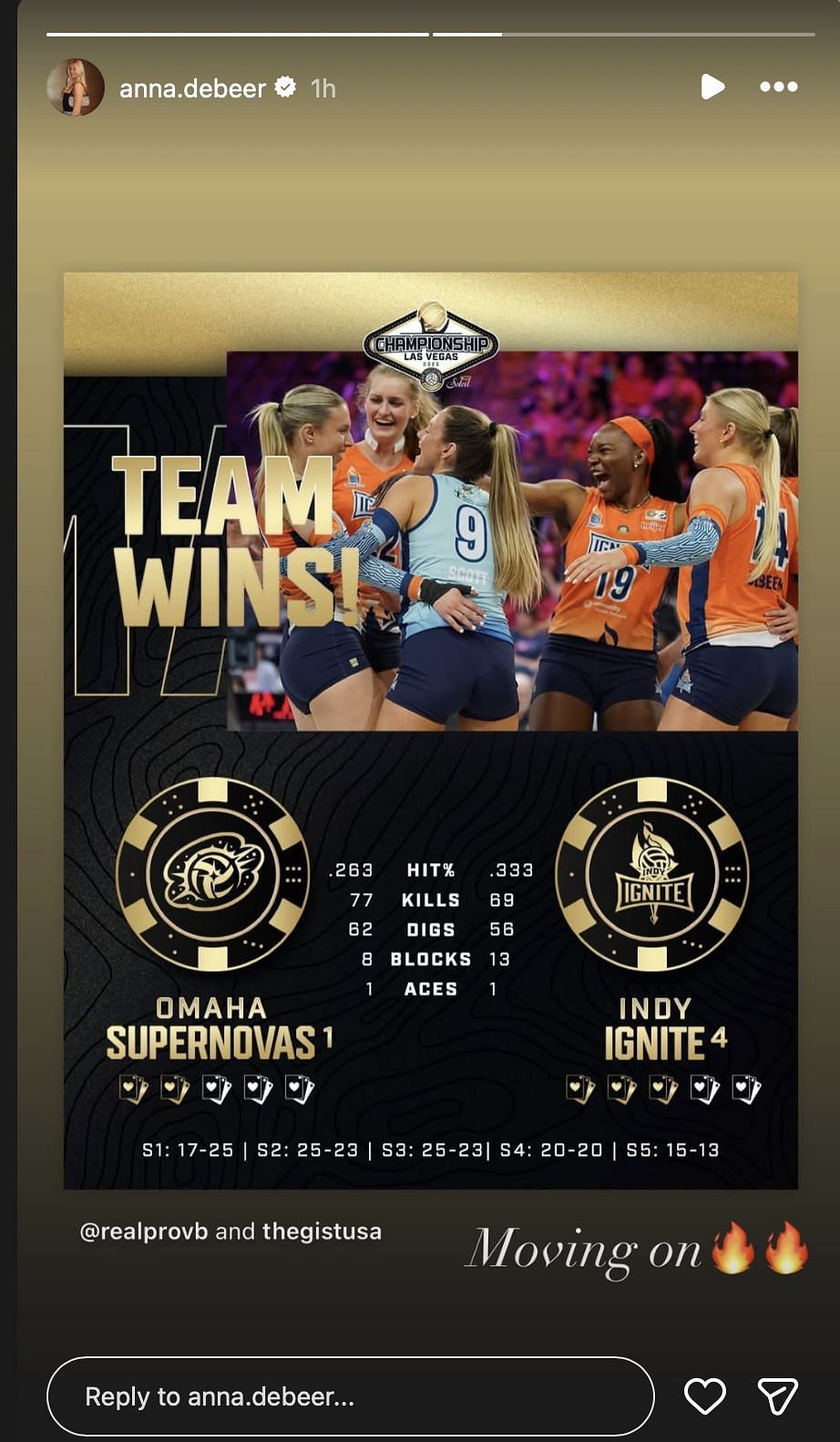 Anna DeBeer reacts to Indy Ignite's win | Instagram@anna.debeer